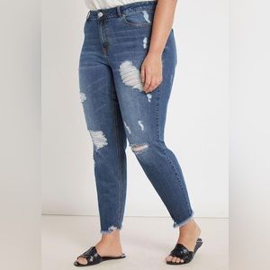 ELOQUII Viola Fit Distressed Boyfriend Jean, Dark Medium Wash, 28W